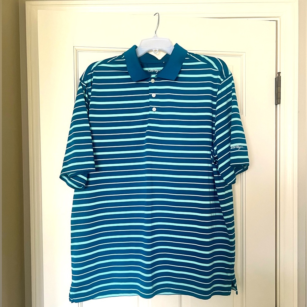 Walter Hagen blue striped dri-fit golf polo